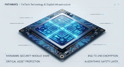 High technology microchip processor glowing with cryptographic laser circuit grid overlays, symbolizing hardware security modules and extreme algorithmic safety, deep blue and electric cyan tones, minimal modern editorial layout.