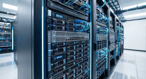 Close up architectural detail of sleek financial server room rack glowing with cool blue and cyan status LED indicators, clean minimalistic technological aesthetic, modern engineering precision, high key lighting, crisp reflections.
