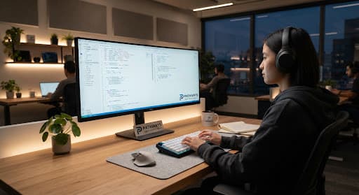 Minimalist software engineering laboratory showing developer monitor with terminal code lines, syntax highlighting in cyan and blue, clean minimalist desk setup with ambient backlighting.