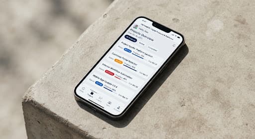 Modern clean mobile smartphone mockup showing a modern dark blue enterprise app interface with cards, clean typography, and status chips, photographed on a neutral concrete surface.