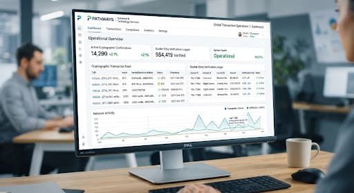 A clean corporate FinTech operational terminal showing cryptographic transaction confirmations, double-entry verification logs, and sleek data visualizations with high visual clarity.