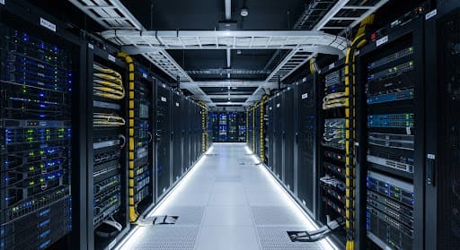High-density telecommunications server rack with structured cable management, glowing indicator LEDs, and modern clean data center server rows rendered in crisp professional perspective.