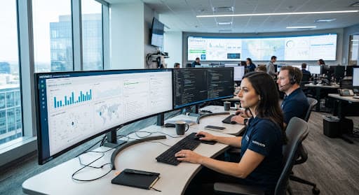 High-tech enterprise operations center with modern curved monitors displaying code repositories, system topologies, and real-time analytical graphs, bathed in clean crisp daylight and cool blue corporate office lighting.