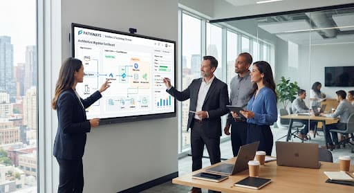 Corporate strategists and software engineers analyzing live interactive architecture migration diagrams on sleek digital displays in an ultra-modern corporate office setting.